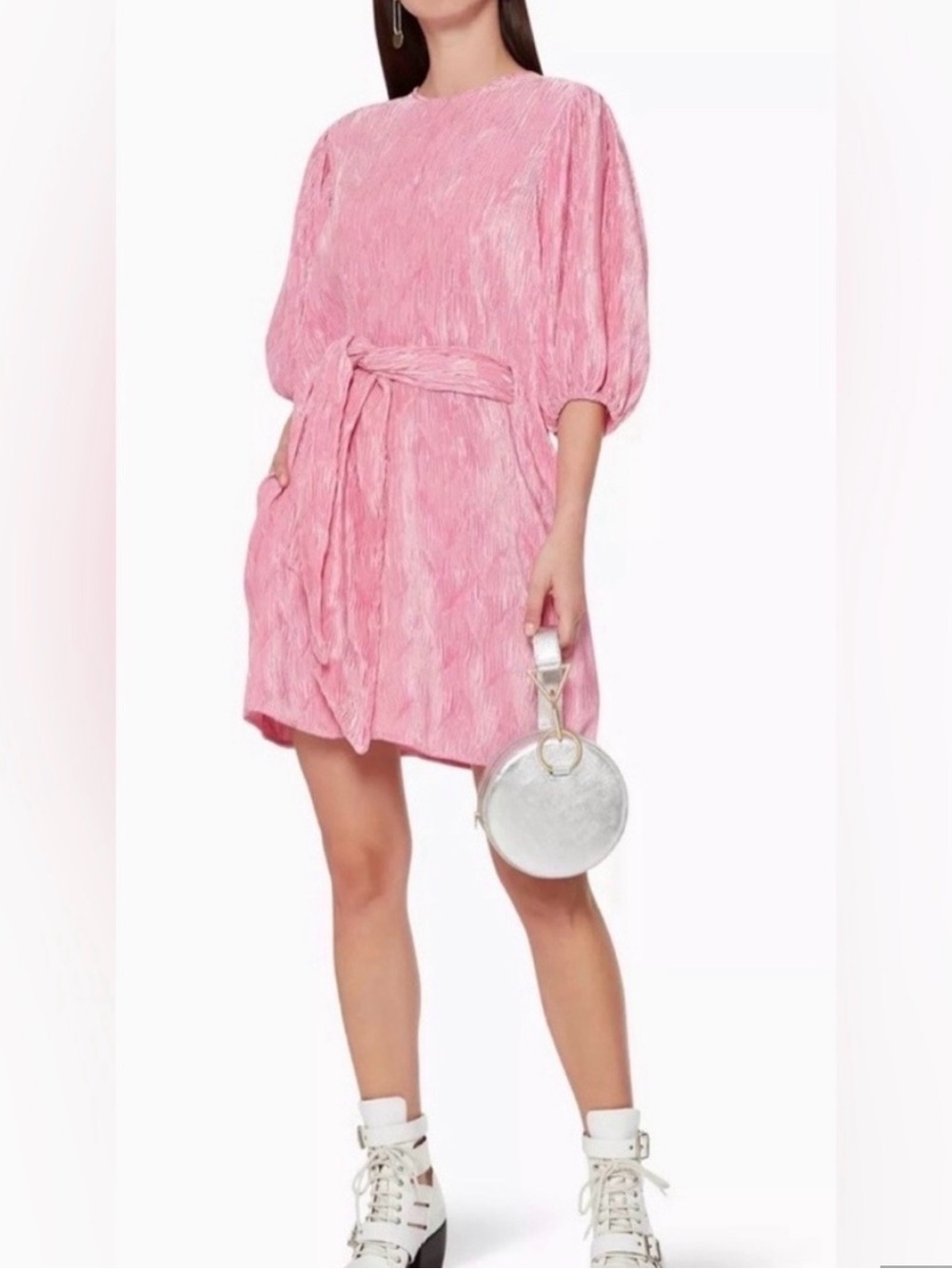 Ganni Pale Pink Crinkled Midi Dress with Front Knot